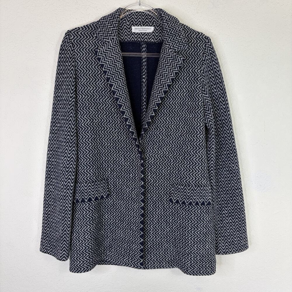 Amina Rubinacci Herringbone Knit Blazer Made In Italy Wool/Viscose Size 48/US 12